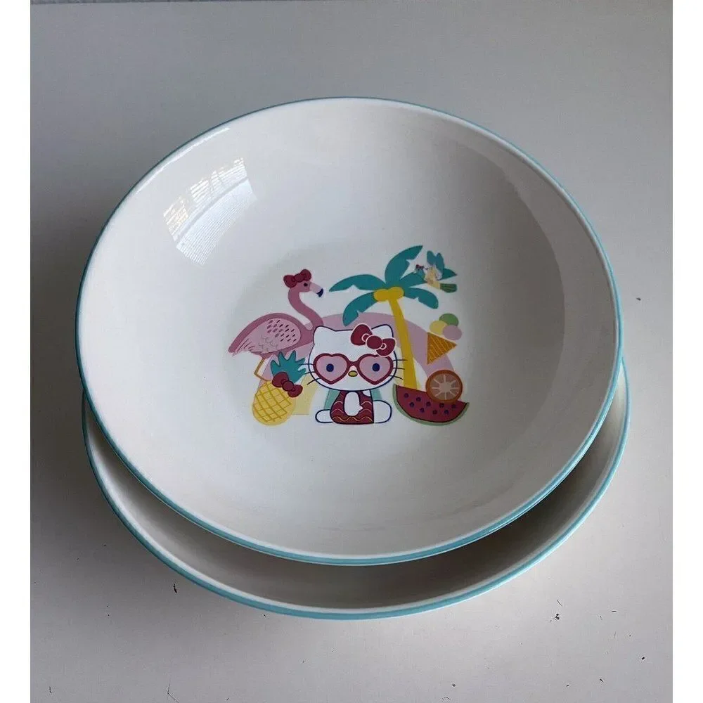 Set Of 2 Sanrio Hello Kitty Beach Summer Tropical Ceramic Pasta Dinner Bowls NEW